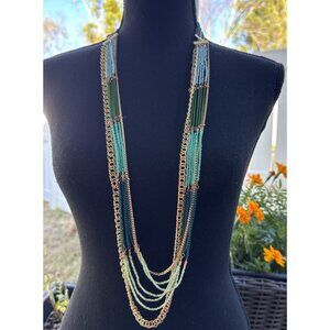 Sequin Turquoise Blue Green Beaded Layered Chain Statement Necklace 38" NEW $98